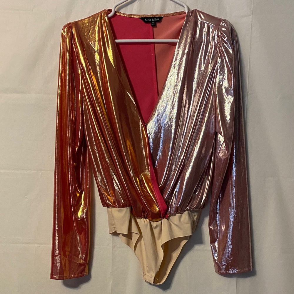 Strut & Bolt Metallic Long Sleeve Wrap Top.